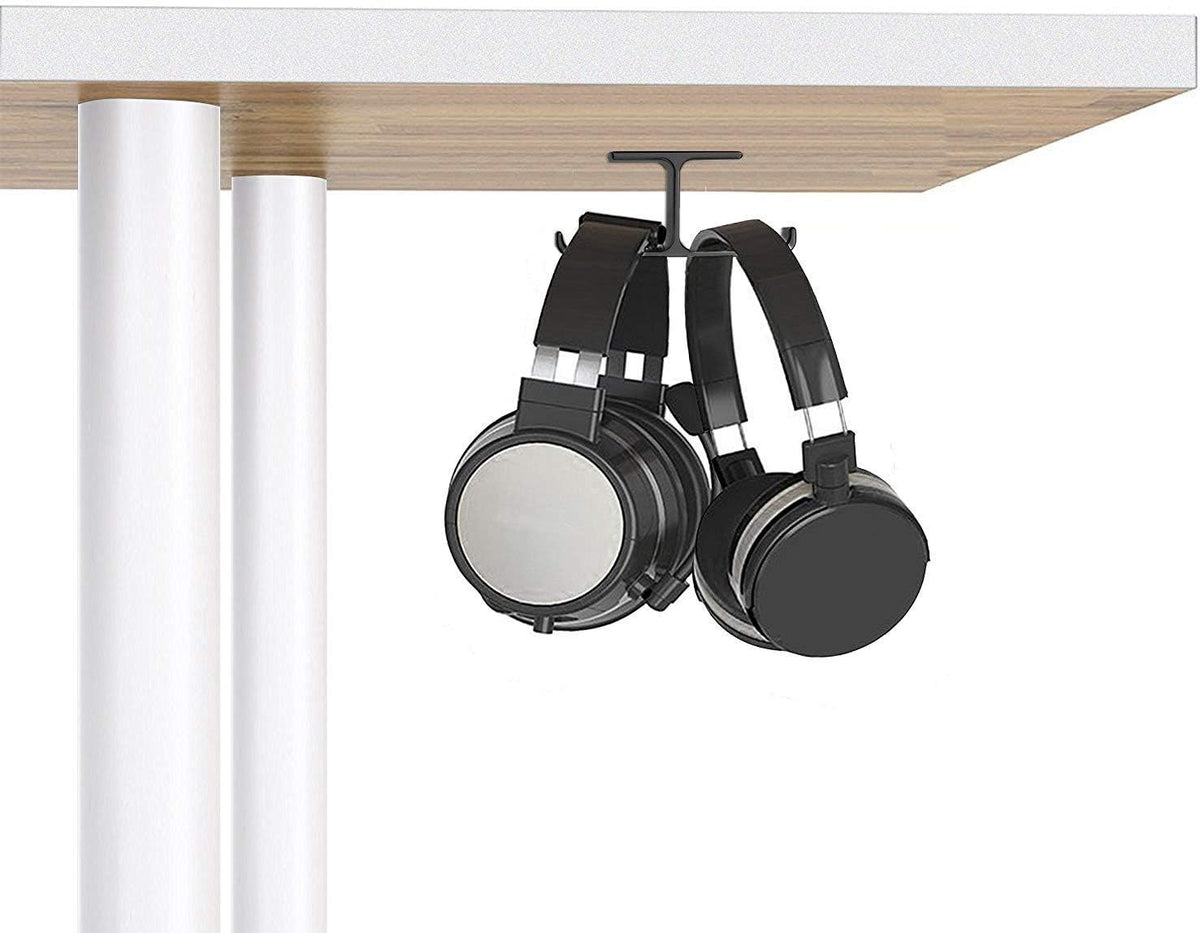 Dual Headphone Hanger Stand for under Desk, Aluminum Adhesive Headset Hook Mount with Screw Option, Space-Saving PC Gaming Accessories for All Headphones, Black